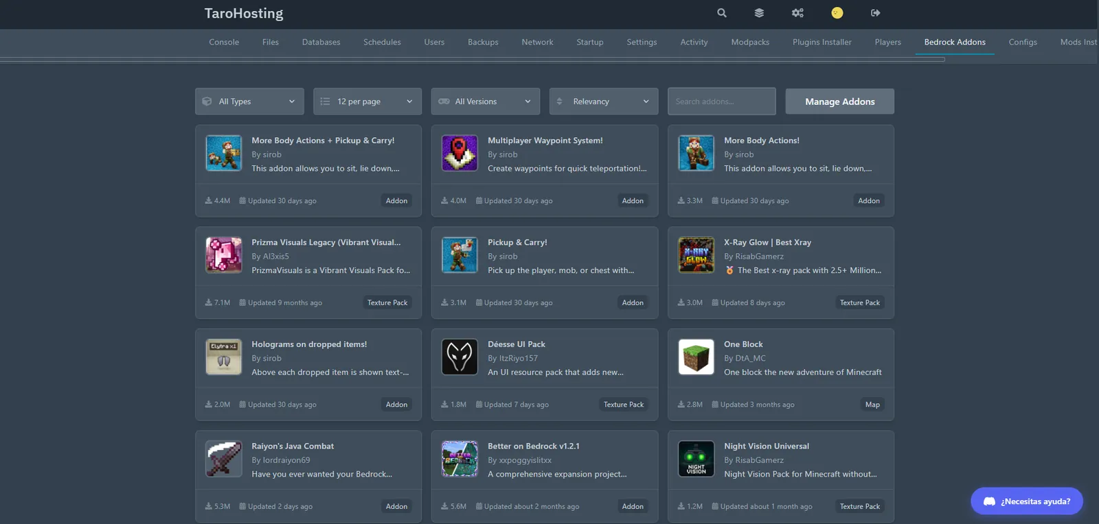 Panel de Control — Addons Bedrock